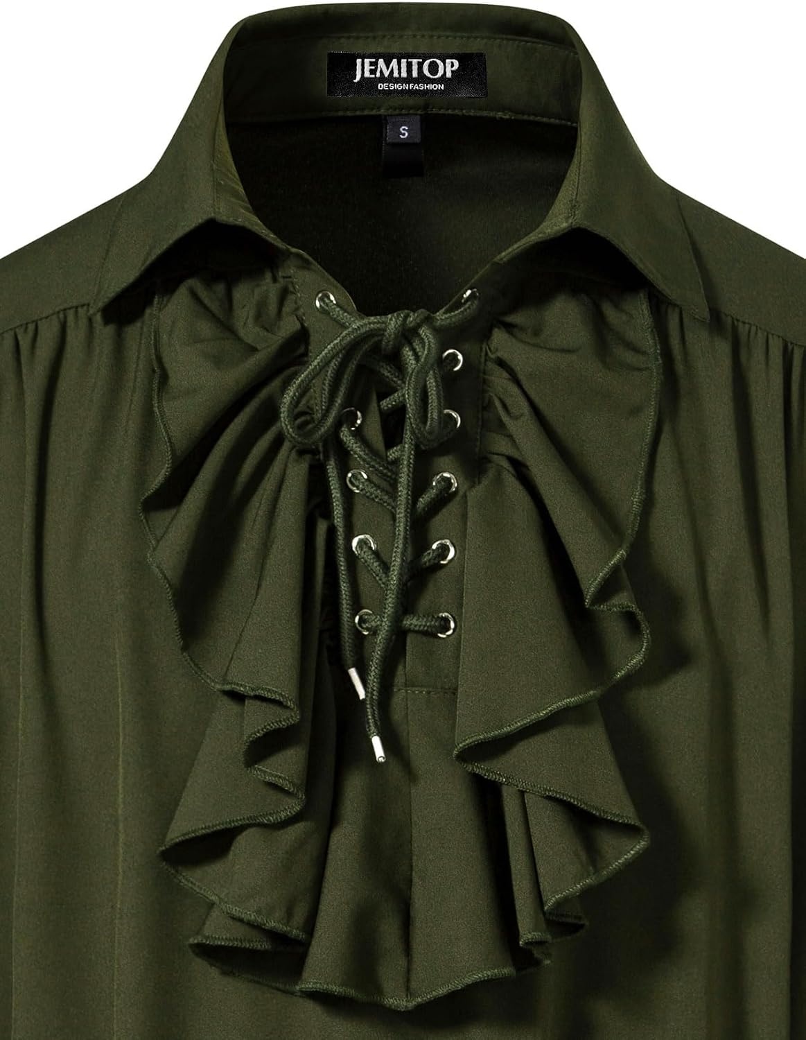image:imageJEMITOP Mens Vintage Lace Up Poet Shirt Pirate Costume Elastic Cuff Renaissance Vampire Victorian Medieval Cosplay Steampunk Gothic Viking Halloween OutfitArmy Green