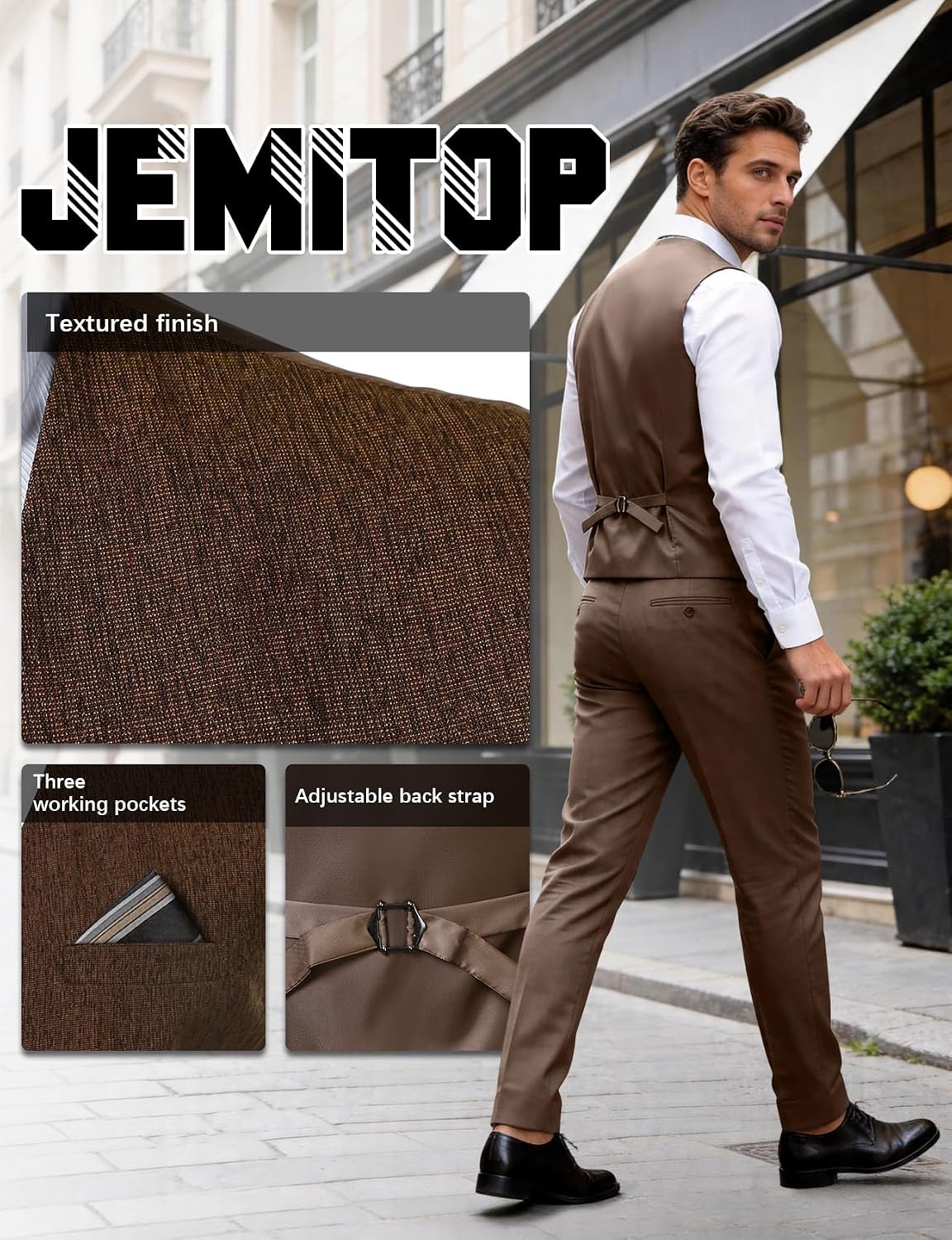image:imageMens Lightweight Texture Slim Fit Suit Dress Vest Vintage Wedding with Pocket Formal Tuxedo Business Casual WaistcoatBrown