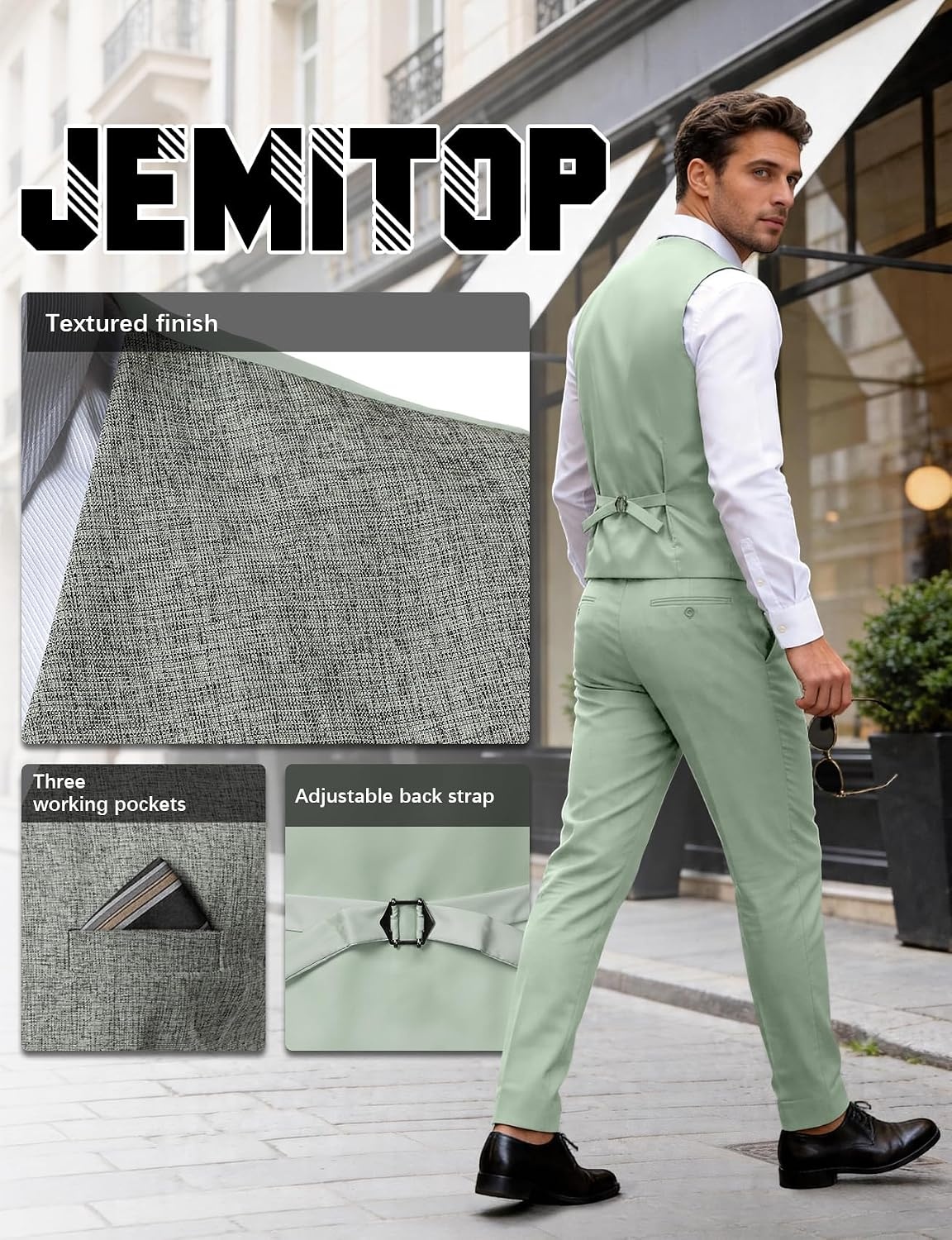 image:imageMens Lightweight Texture Slim Fit Suit Dress Vest Vintage Wedding with Pocket Formal Tuxedo Business Casual WaistcoatLight Green