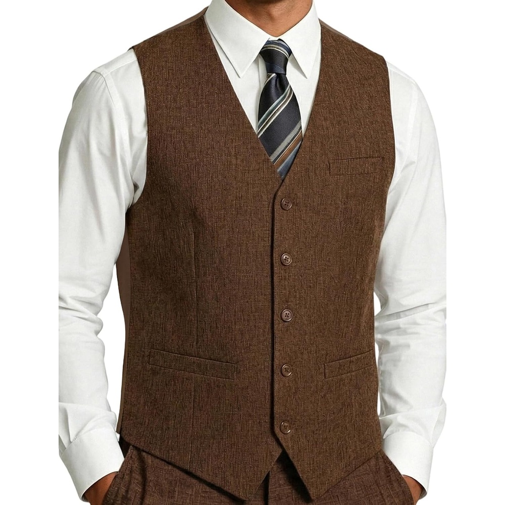 image:imageMens Lightweight Texture Slim Fit Suit Dress Vest Vintage Wedding with Pocket Formal Tuxedo Business Casual WaistcoatBrown