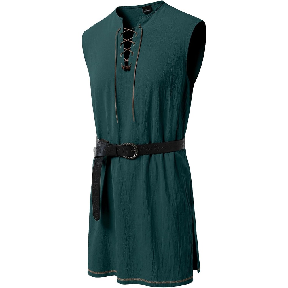 image:imageJEMITOP Men Renaissance Medieval Viking Tunic Costume Shirt  Pure Cotton Pirate Knight Halloween Vampire Sleeveless Lace Up Without BeltDark Green
