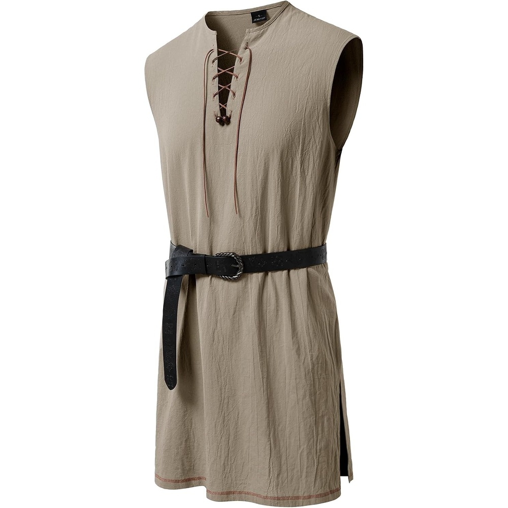 image:imageJEMITOP Men Renaissance Medieval Viking Tunic Costume Shirt  Pure Cotton Pirate Knight Halloween Vampire Sleeveless Lace Up Without BeltKhaki