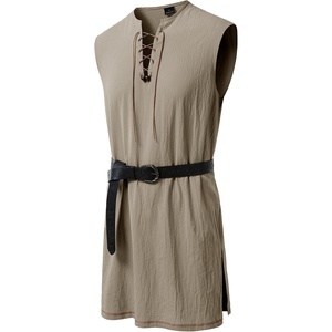 JEMITOP Men Renaissance Medieval Viking Tunic Costume Shirt | Pure Cotton, Pirate, Knight, Halloween, Vampire, Sleeveless, Lace Up, Without Belt(Khaki)