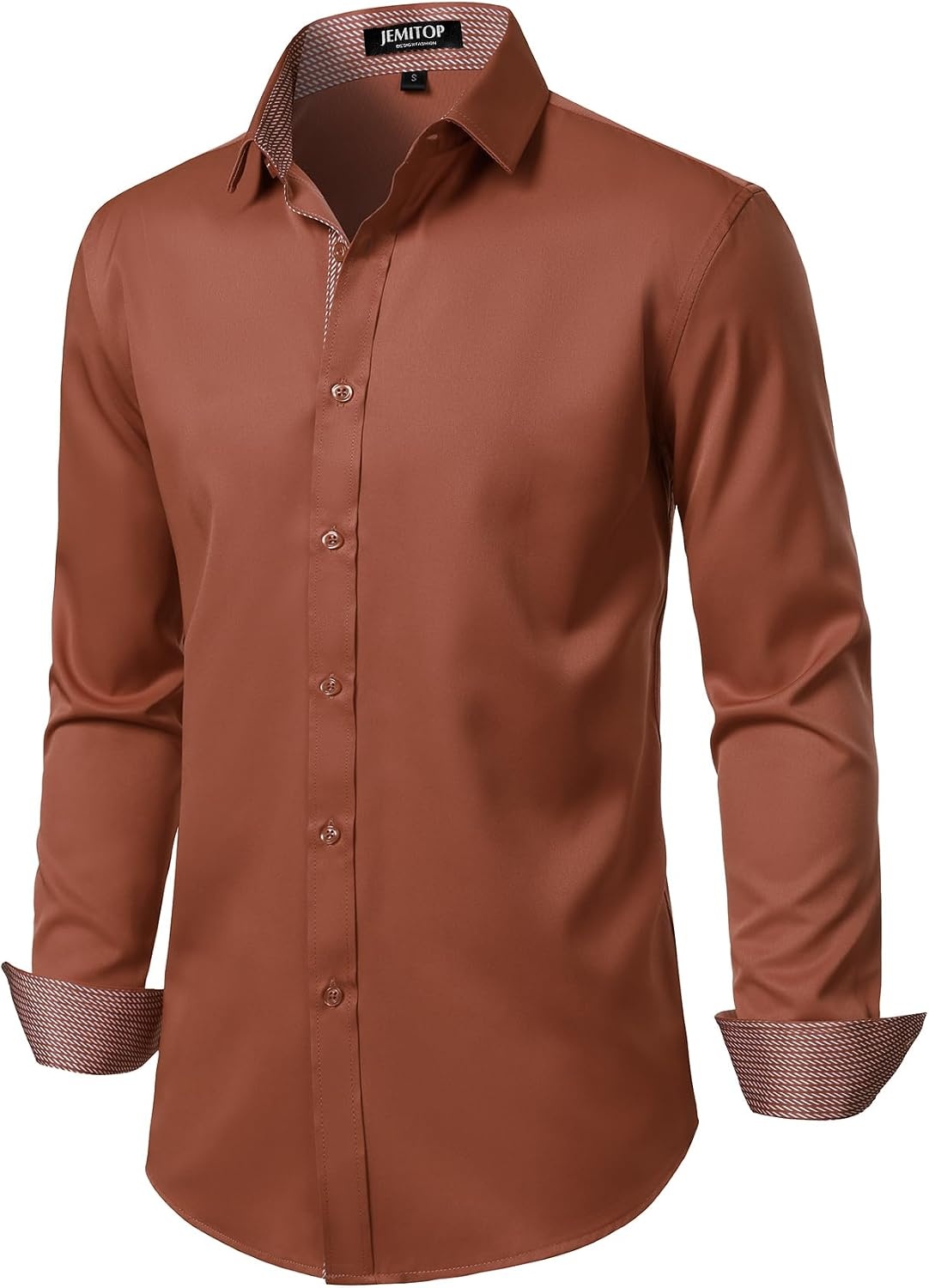 image:imageJEMITOP Mens Stretch MultiUse Dress Shirts Slight Sheen Long Sleeve Button Down Wedding Party Prom TuxedoBurnt Orange