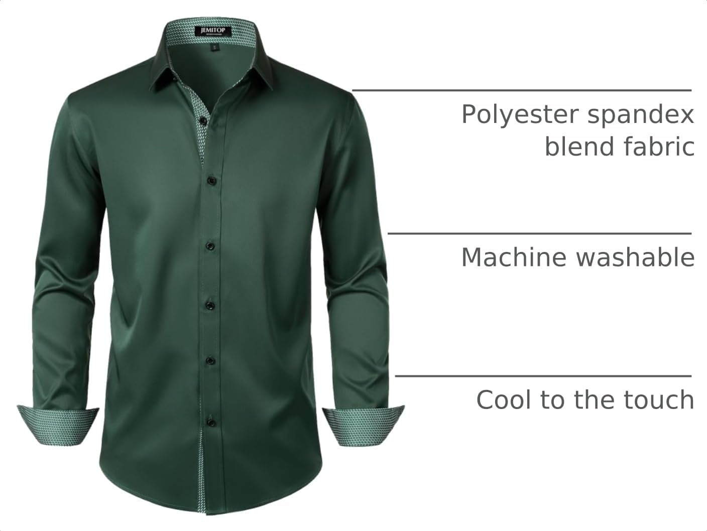 image:imageJEMITOP Mens Stretch MultiUse Dress Shirts Slight Sheen Long Sleeve Button Down Wedding Party Prom TuxedoDark Green