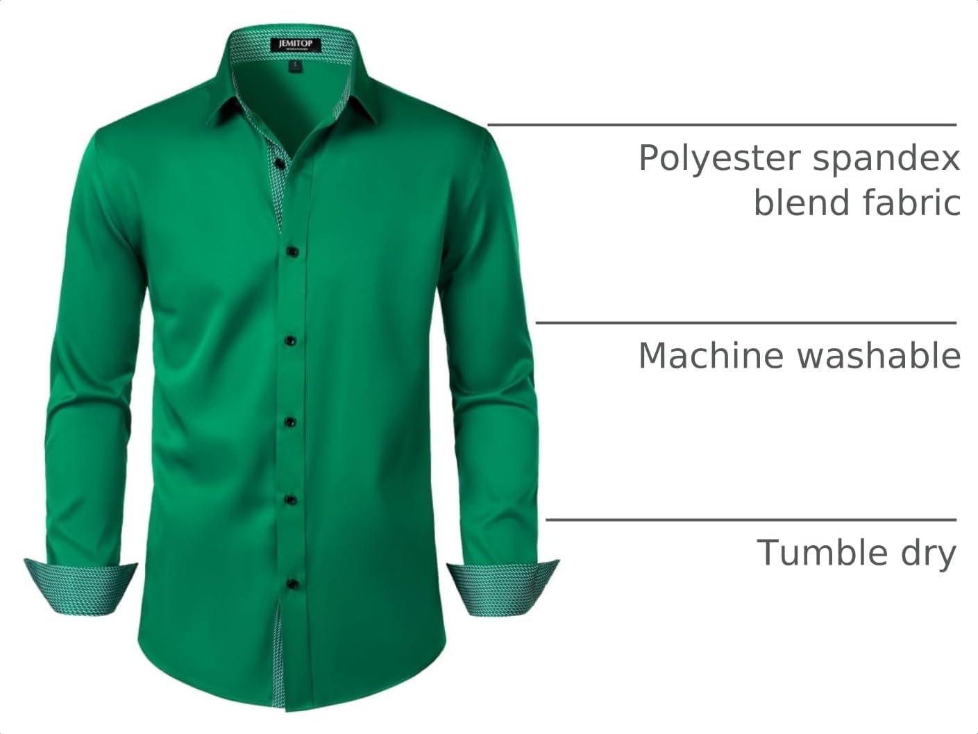 image:imageJEMITOP Mens Stretch MultiUse Dress Shirts Slight Sheen Long Sleeve Button Down Wedding Party Prom TuxedoGreen