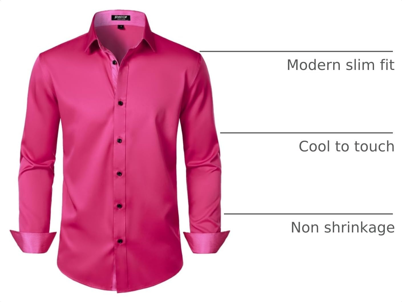 image:imageJEMITOP Mens Stretch MultiUse Dress Shirts Slight Sheen Long Sleeve Button Down Wedding Party Prom TuxedoHot Pink