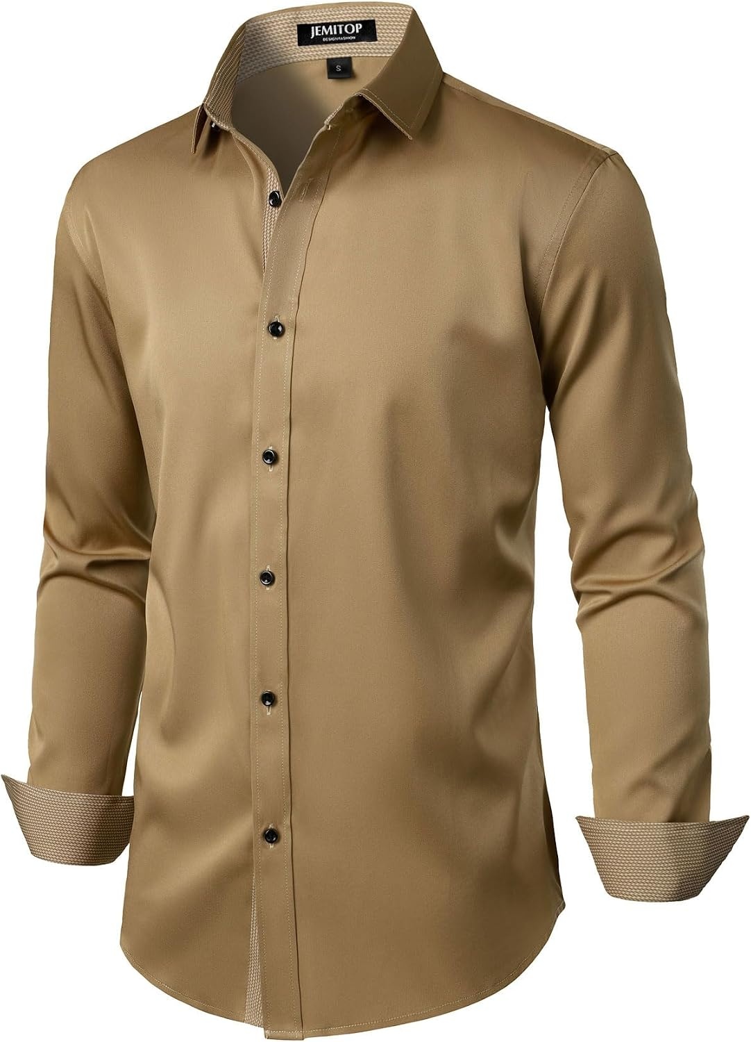 image:imageJEMITOP Mens Stretch MultiUse Dress Shirts Slight Sheen Long Sleeve Button Down Wedding Party Prom TuxedoKhaki