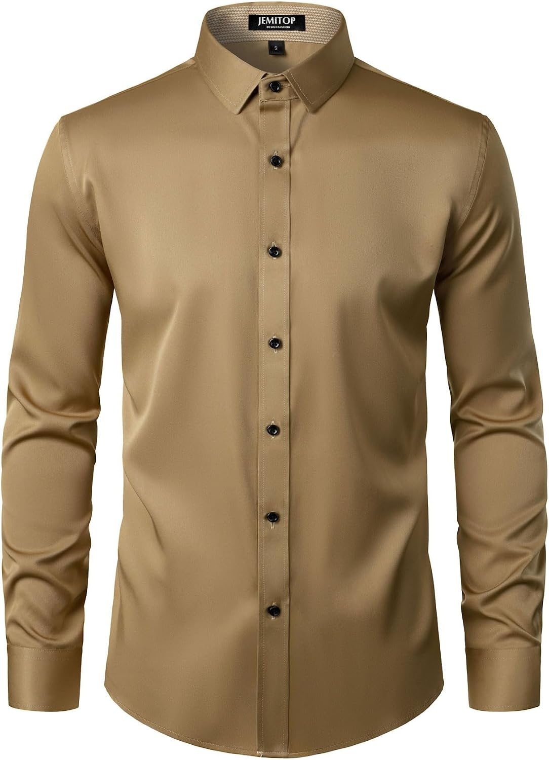 image:imageJEMITOP Mens Stretch MultiUse Dress Shirts Slight Sheen Long Sleeve Button Down Wedding Party Prom TuxedoKhaki