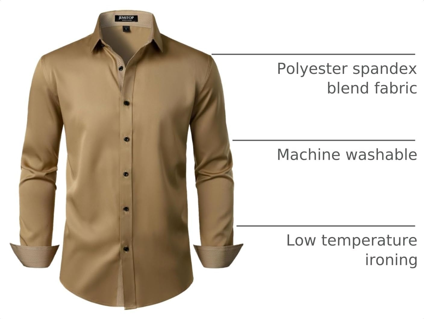 image:imageJEMITOP Mens Stretch MultiUse Dress Shirts Slight Sheen Long Sleeve Button Down Wedding Party Prom TuxedoKhaki