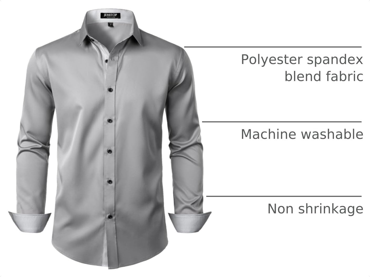 image:imageJEMITOP Mens Stretch MultiUse Dress Shirts Slight Sheen Long Sleeve Button Down Wedding Party Prom TuxedoLight Grey