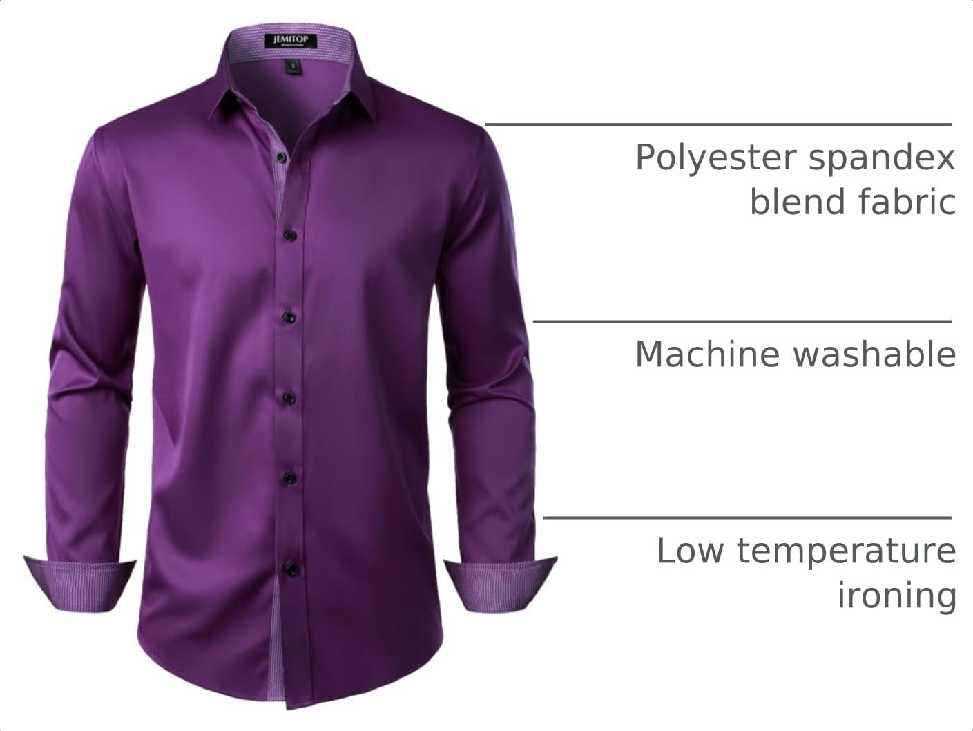 image:imageJEMITOP Mens Stretch MultiUse Dress Shirts Slight Sheen Long Sleeve Button Down Wedding Party Prom TuxedoPurple