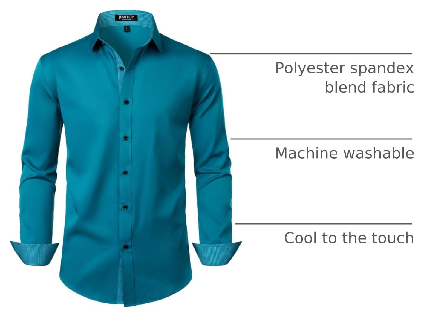 image:imageJEMITOP Mens Stretch MultiUse Dress Shirts Slight Sheen Long Sleeve Button Down Wedding Party Prom TuxedoTeal