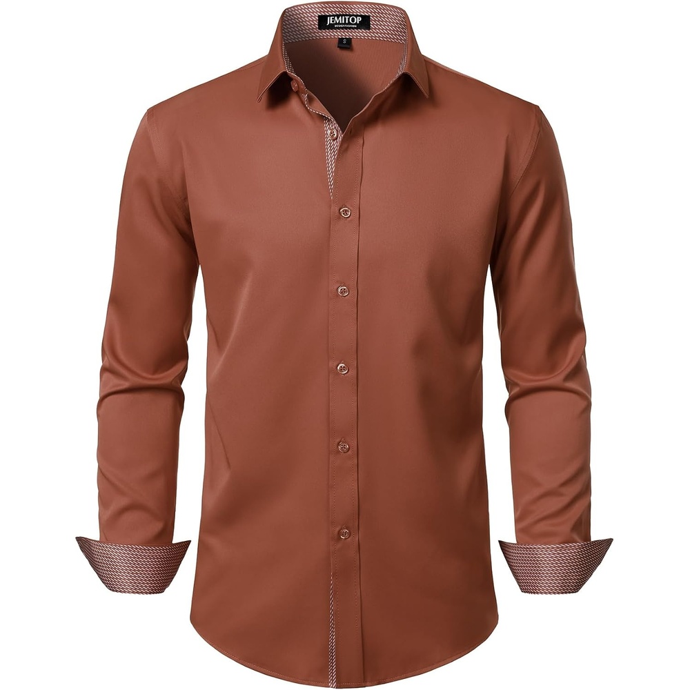 image:imageJEMITOP Mens Stretch MultiUse Dress Shirts  Slight Sheen Long Sleeve Button Down Wedding Party Prom TuxedoBurnt Orange