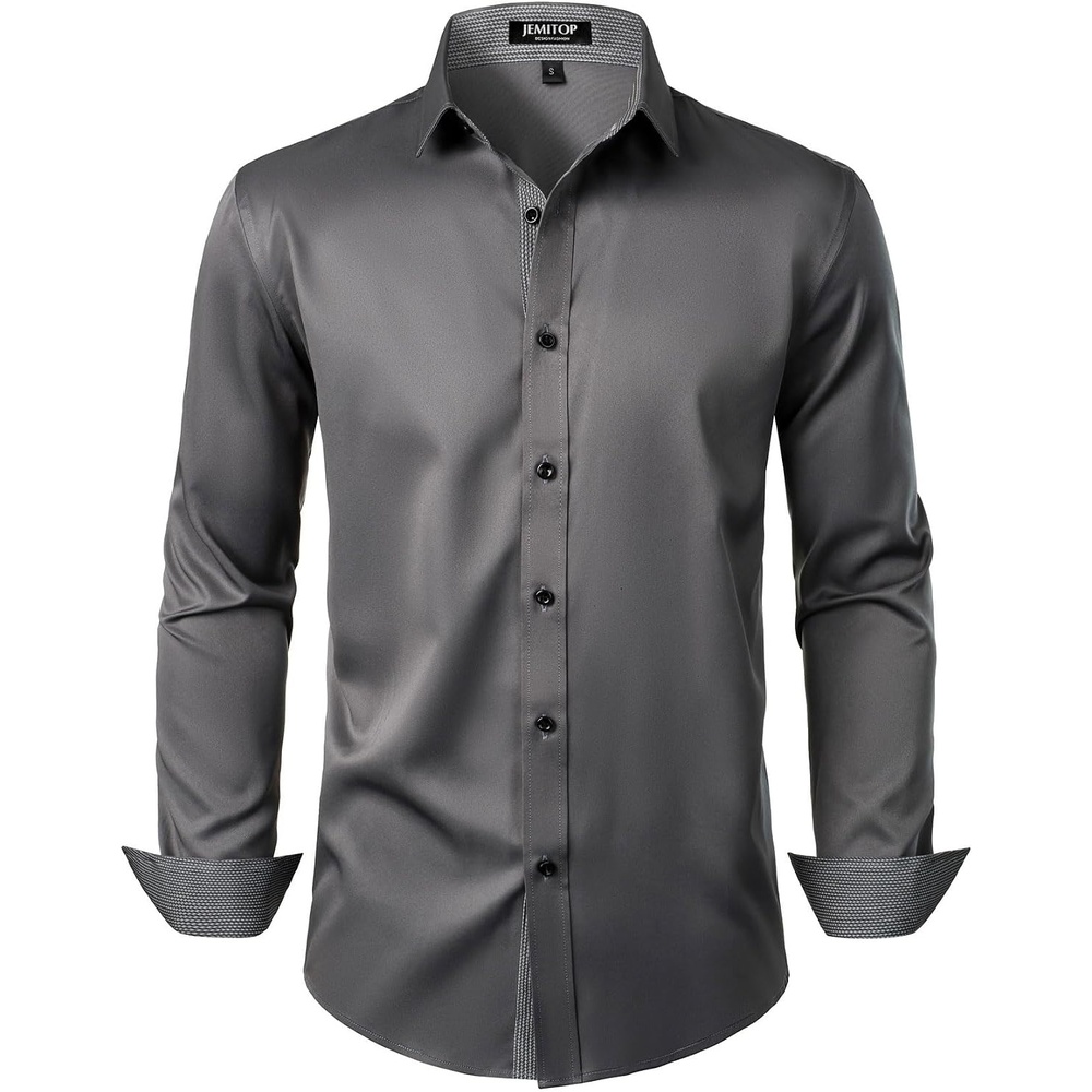 image:imageJEMITOP Mens Stretch MultiUse Dress Shirts Slight Sheen Long Sleeve Button Down Wedding Party Prom TuxedoDark Grey
