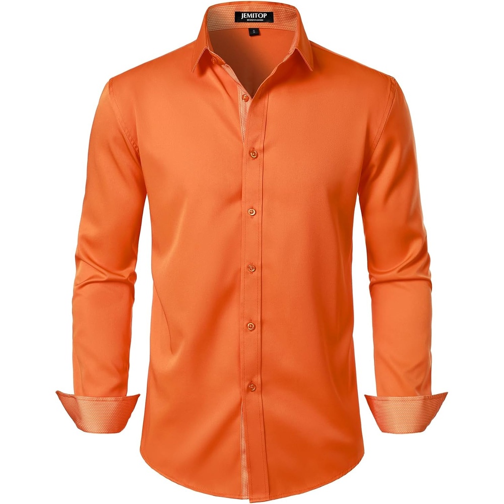 image:imageJEMITOP Mens Stretch MultiUse Dress Shirts  Slight Sheen Long Sleeve Button Down Wedding Party Prom TuxedoOrange