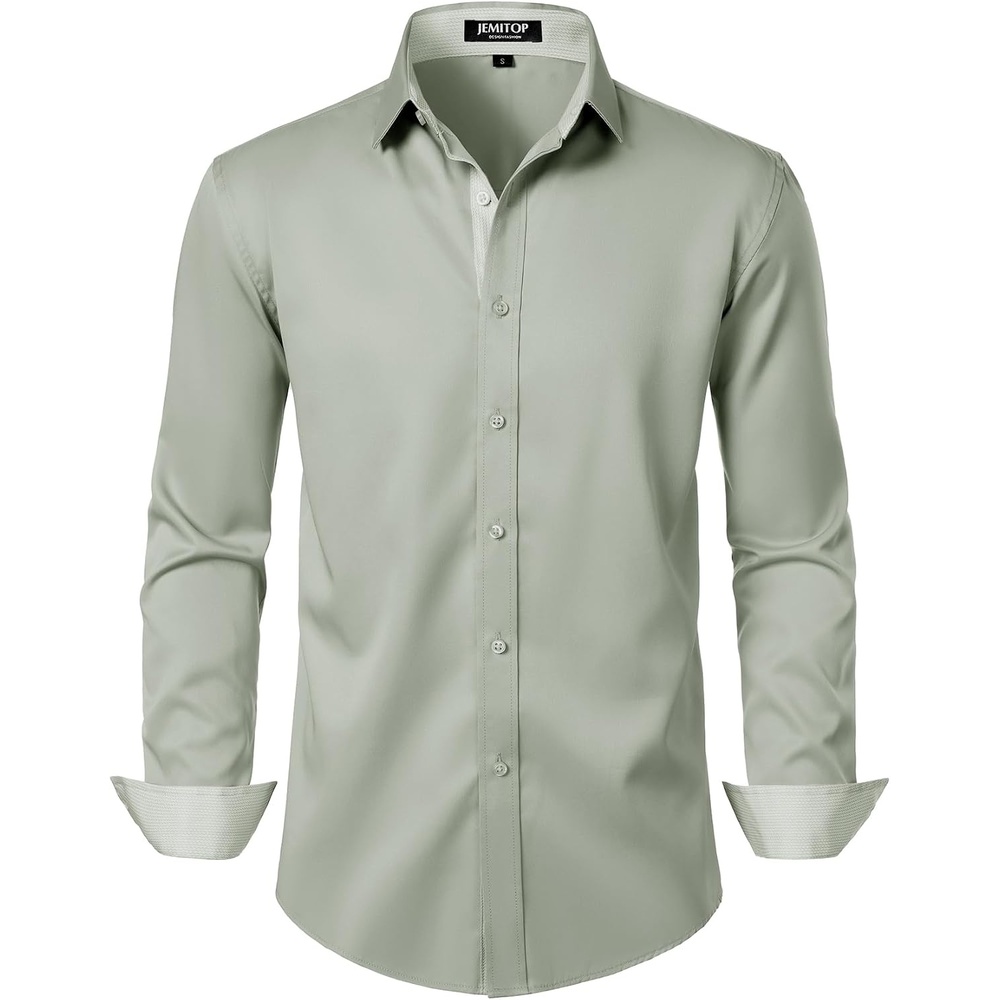image:imageJEMITOP Mens Stretch MultiUse Dress Shirts Slight Sheen Long Sleeve Button Down Wedding Party Prom TuxedoSage Green