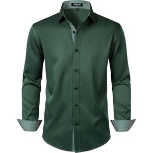 JEMITOP Mens Stretch Multi-Use Dress Shirts | Slight Sheen, Long Sleeve, Button Down, Wedding, Party, Prom, Tuxedo(Dark Green)