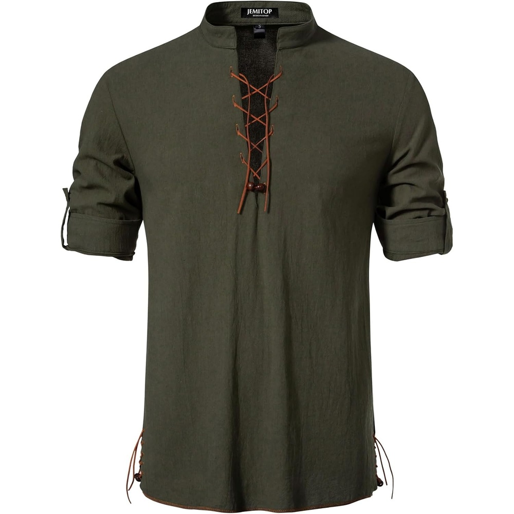image:imageMens Renaissance Costume Top Pirate Viking Shirt Long Sleeve Pure Cotton Lace Up Medieval Tunic Retro Vintage Cosplay Vampire Peasant Knight Steampunk HalloweenArmy Green