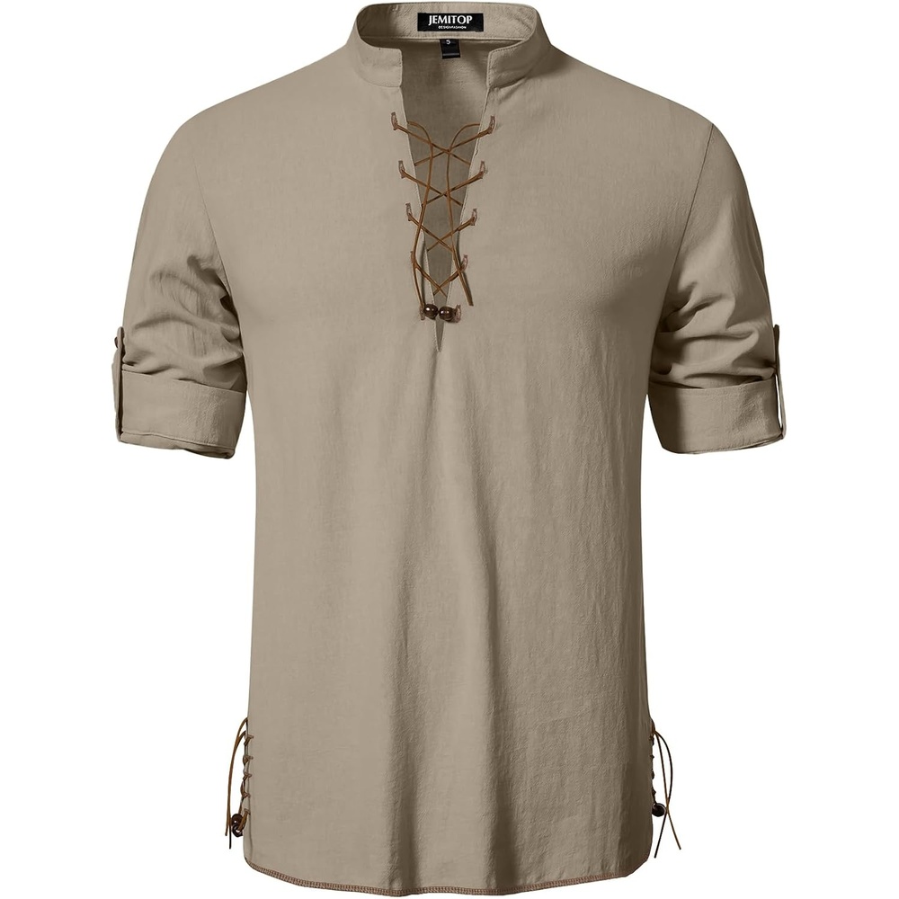 image:imageMens Renaissance Costume Top Pirate Viking Shirt  Long Sleeve Pure Cotton Lace Up Medieval Tunic Retro Vintage Cosplay Vampire Peasant Knight Steampunk HalloweenKhaki