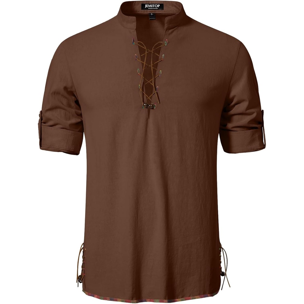 image:imageMens Renaissance Costume Top Pirate Viking Shirt Long Sleeve Pure Cotton Lace Up Medieval Tunic Retro Vintage Cosplay Vampire Peasant Knight Steampunk HalloweenBrown