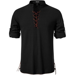 Mens Renaissance Costume Top Pirate Viking Shirt | Long Sleeve, Pure Cotton, Lace Up, Medieval, Tunic, Retro, Vintage, Cosplay, Vampire, Peasant, Knight, Steampunk, Halloween(Black)