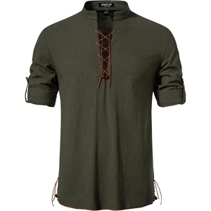 Mens Renaissance Costume Top Pirate Viking Shirt | Long Sleeve, Pure Cotton, Lace Up, Medieval, Tunic, Retro, Vintage, Cosplay, Vampire, Peasant, Knight, Steampunk, Halloween(Army Green)