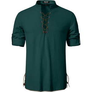 Mens Renaissance Costume Top Pirate Viking Shirt | Long Sleeve, Pure Cotton, Lace Up, Medieval, Tunic, Retro, Vintage, Cosplay, Vampire, Peasant, Knight, Steampunk, Halloween(Dark Green)