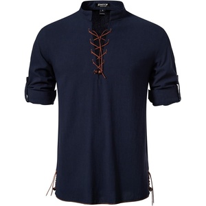 Mens Renaissance Costume Top Pirate Viking Shirt | Long Sleeve, Pure Cotton, Lace Up, Medieval, Tunic, Retro, Vintage, Cosplay, Vampire, Peasant, Knight, Steampunk, Halloween(Dark Blue)