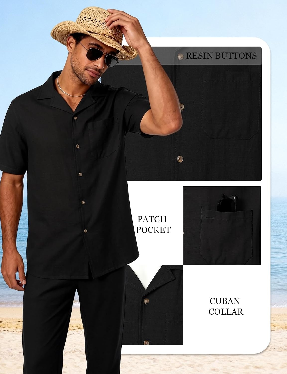 image:imageJEMITOP Mens 2 Piece Outfits Cuban Shirt and Pants SetBlack