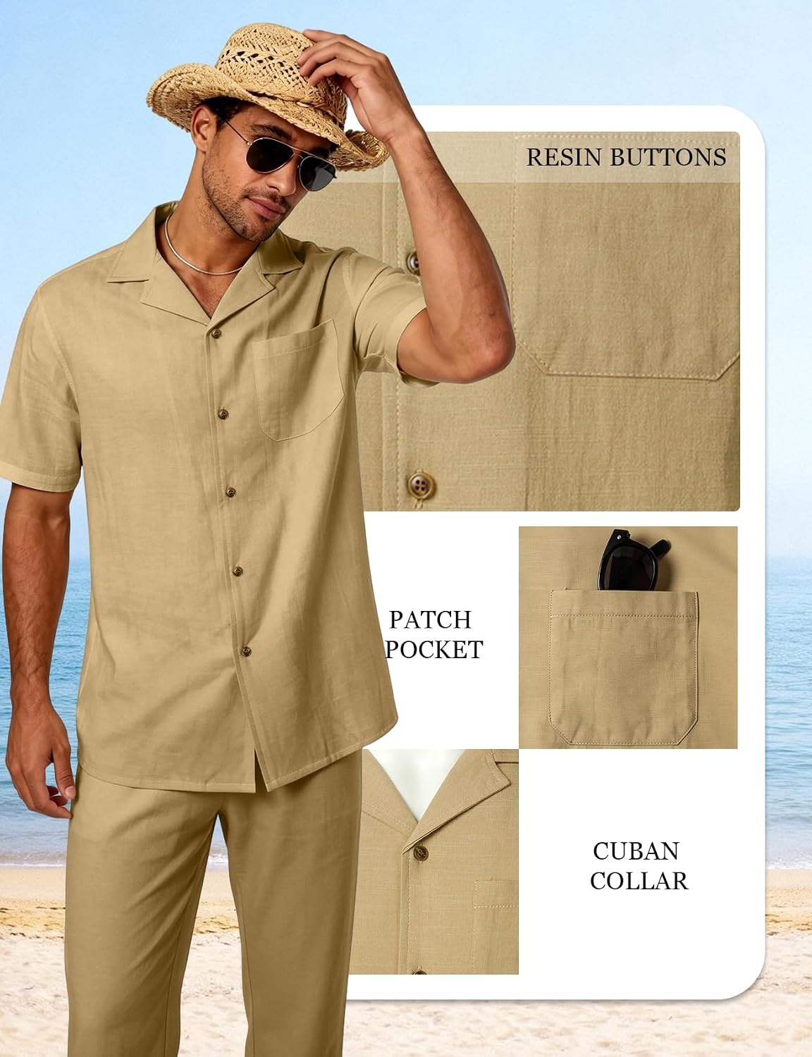 image:imageJEMITOP Mens 2 Piece Outfits Cuban Shirt and Pants SetKhaki