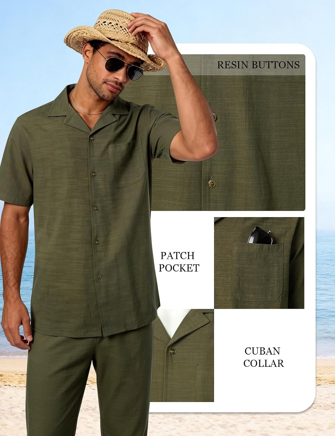 image:imageJEMITOP Mens 2 Piece Outfits Cuban Shirt and Pants SetOlive Green