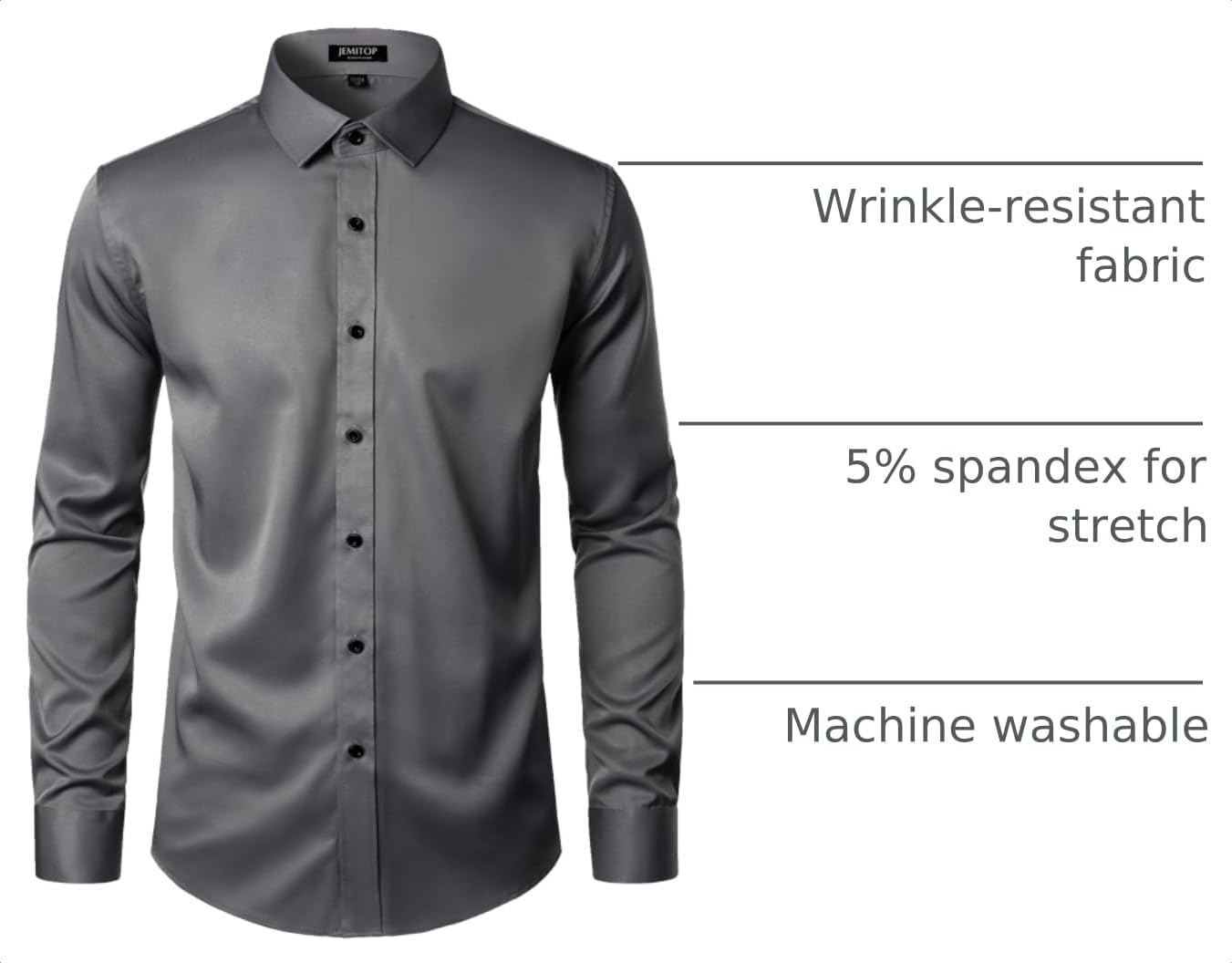 image:imageJEMITOP Mens Stretch Wrinkle Free Dress ShirtsDark Grey