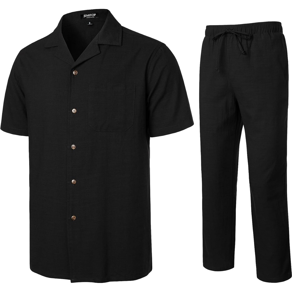 image:imageJEMITOP Mens 2 Piece Outfits Cuban Shirt and Pants SetBlack