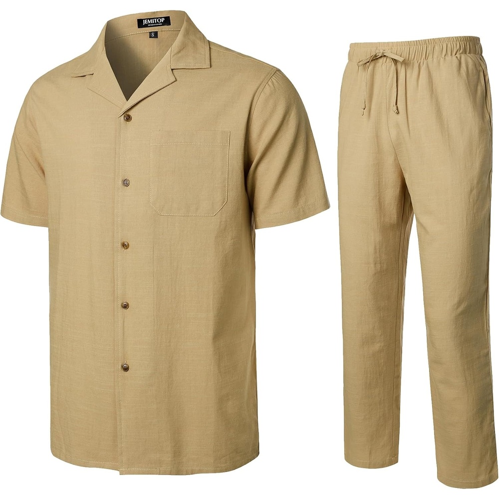 image:imageJEMITOP Mens 2 Piece Outfits Cuban Shirt and Pants SetKhaki