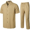 JEMITOP Men’s 2 Piece Outfits Cuban Shirt and Pants Set(Khaki)