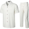 JEMITOP Men’s 2 Piece Outfits Cuban Shirt and Pants Set(White)