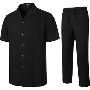 JEMITOP Men’s 2 Piece Outfits Cuban Shirt and Pants Set(Black)