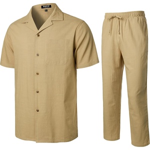 JEMITOP Men’s 2 Piece Outfits Cuban Shirt and Pants Set(Khaki)