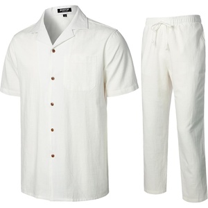 JEMITOP Men’s 2 Piece Outfits Cuban Shirt and Pants Set(White)