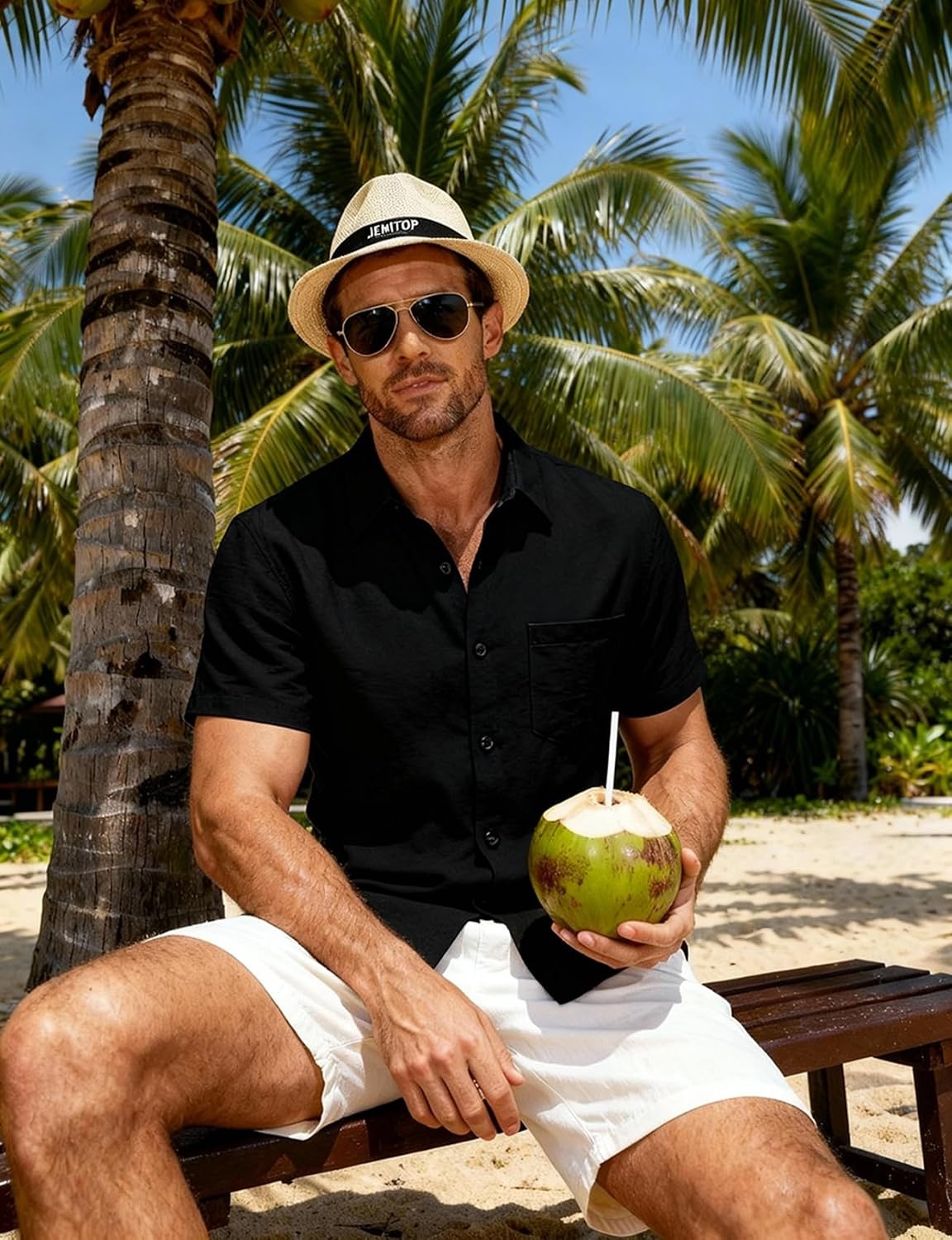 image:imageJEMITOP Mens LinenLike Soft Short Sleeve Casual ShirtBlack