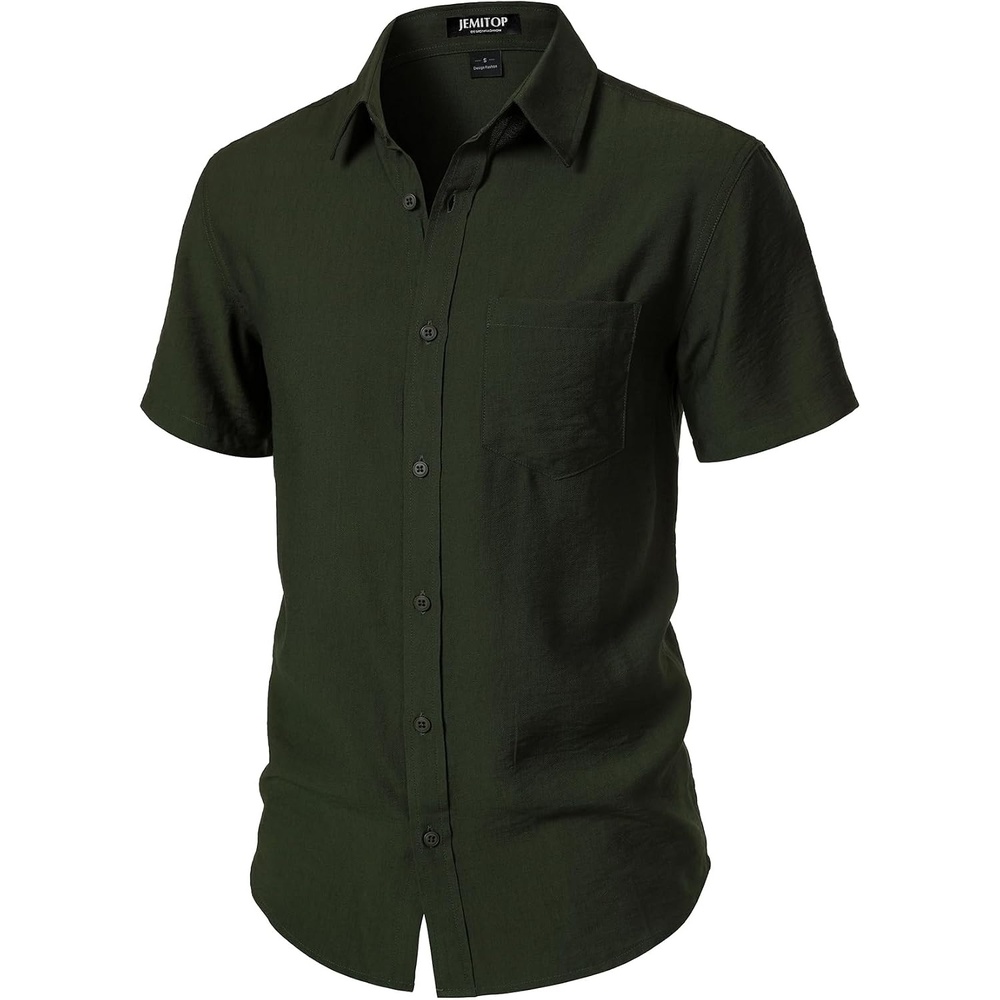image:imageJEMITOP Mens LinenLike Soft Short Sleeve Casual ShirtDark Green