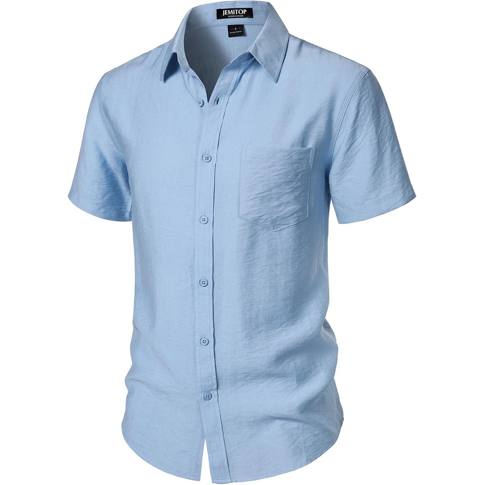 image:imageJEMITOP Mens LinenLike Soft Short Sleeve Casual ShirtLight Blue