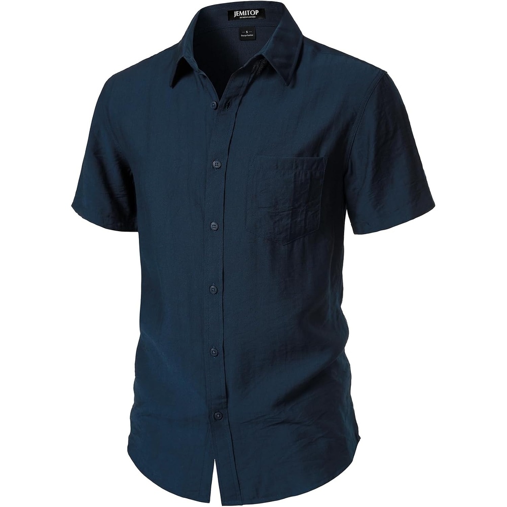 image:imageJEMITOP Mens LinenLike Soft Short Sleeve Casual ShirtNavy Blue