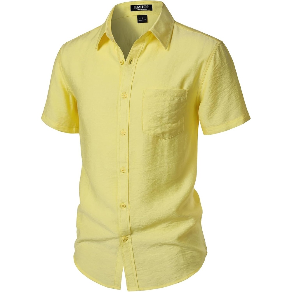 image:imageJEMITOP Mens LinenLike Soft Short Sleeve Casual ShirtYellow