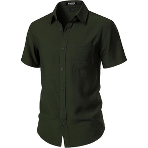 JEMITOP Mens Linen-Like Soft Short Sleeve Casual Shirt(Dark Green)
