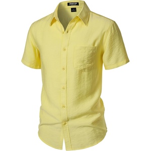 JEMITOP Mens Linen-Like Soft Short Sleeve Casual Shirt(Yellow)