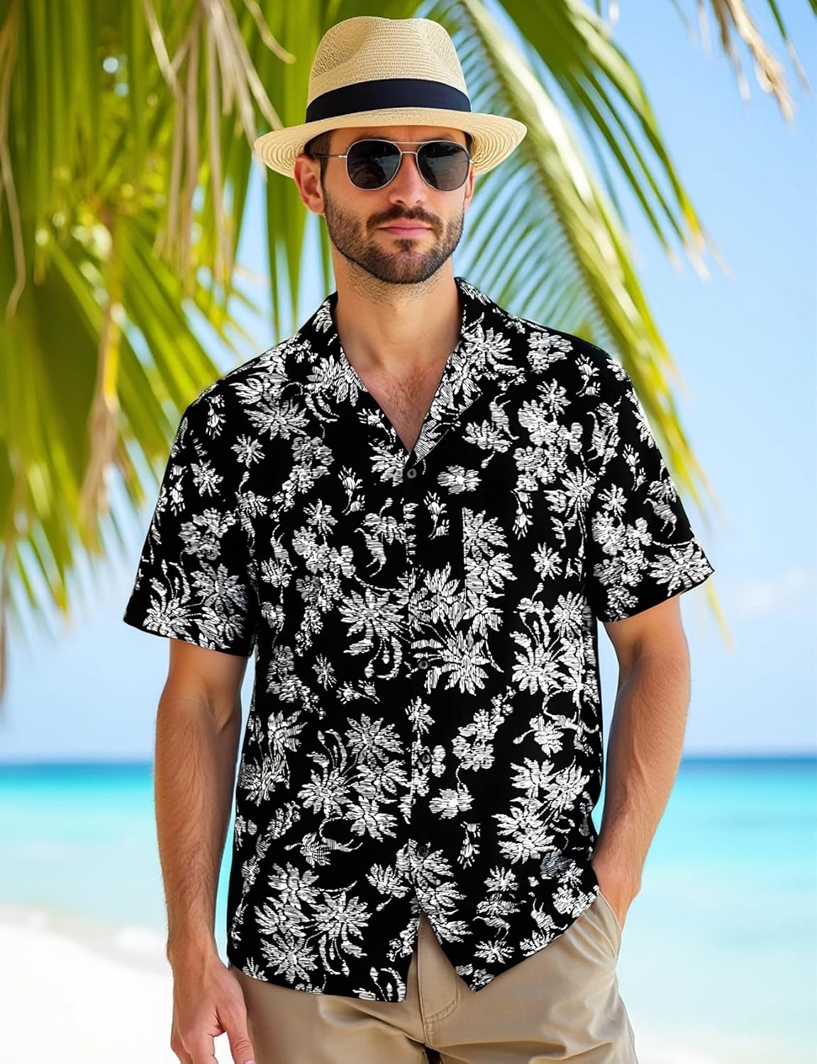 image:imageJEMITOP Mens Casual Cuban Collar Hawaiian ShirtsBlack