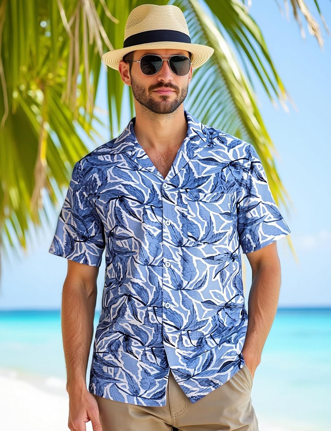 image:imageJEMITOP Mens Casual Cuban Collar Hawaiian ShirtsBlue