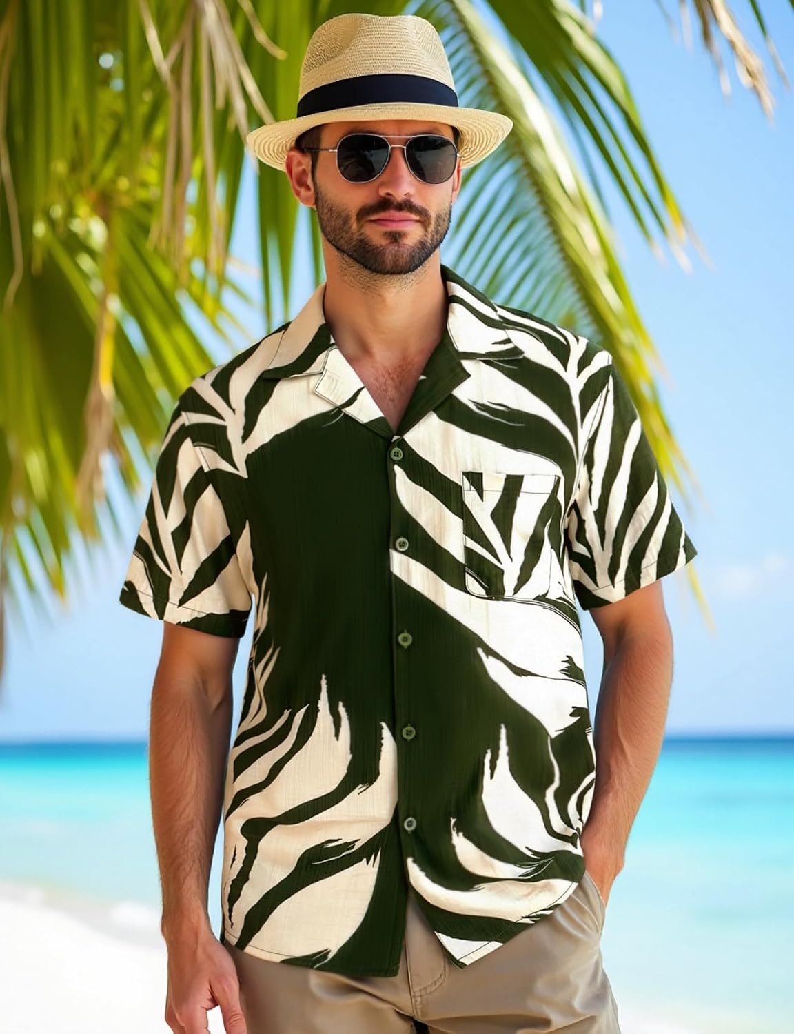 image:imageJEMITOP Mens Casual Cuban Collar Hawaiian ShirtsDark Green